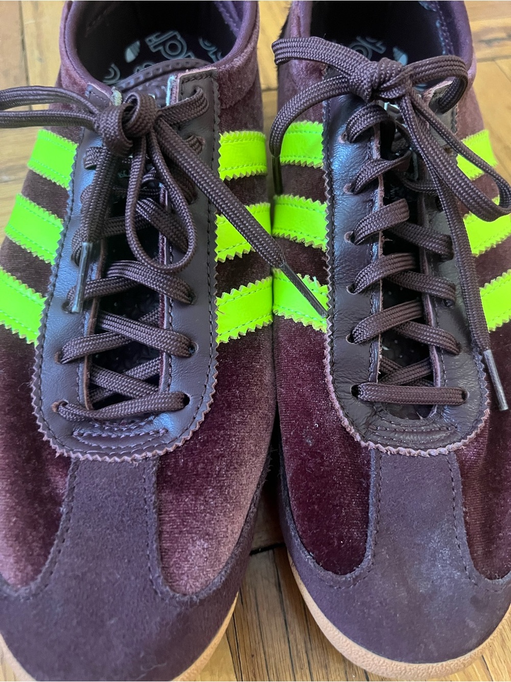 adidas Women’s Velvet SL-72 Sneaker in Burgundy with Neon Yellow Stripes - Picture 2 of 9